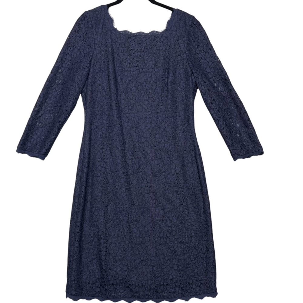 Adrianna Papell  V-Back Long Sleeve Lace Sheath Dress Women's 10 Navy Old Money‎